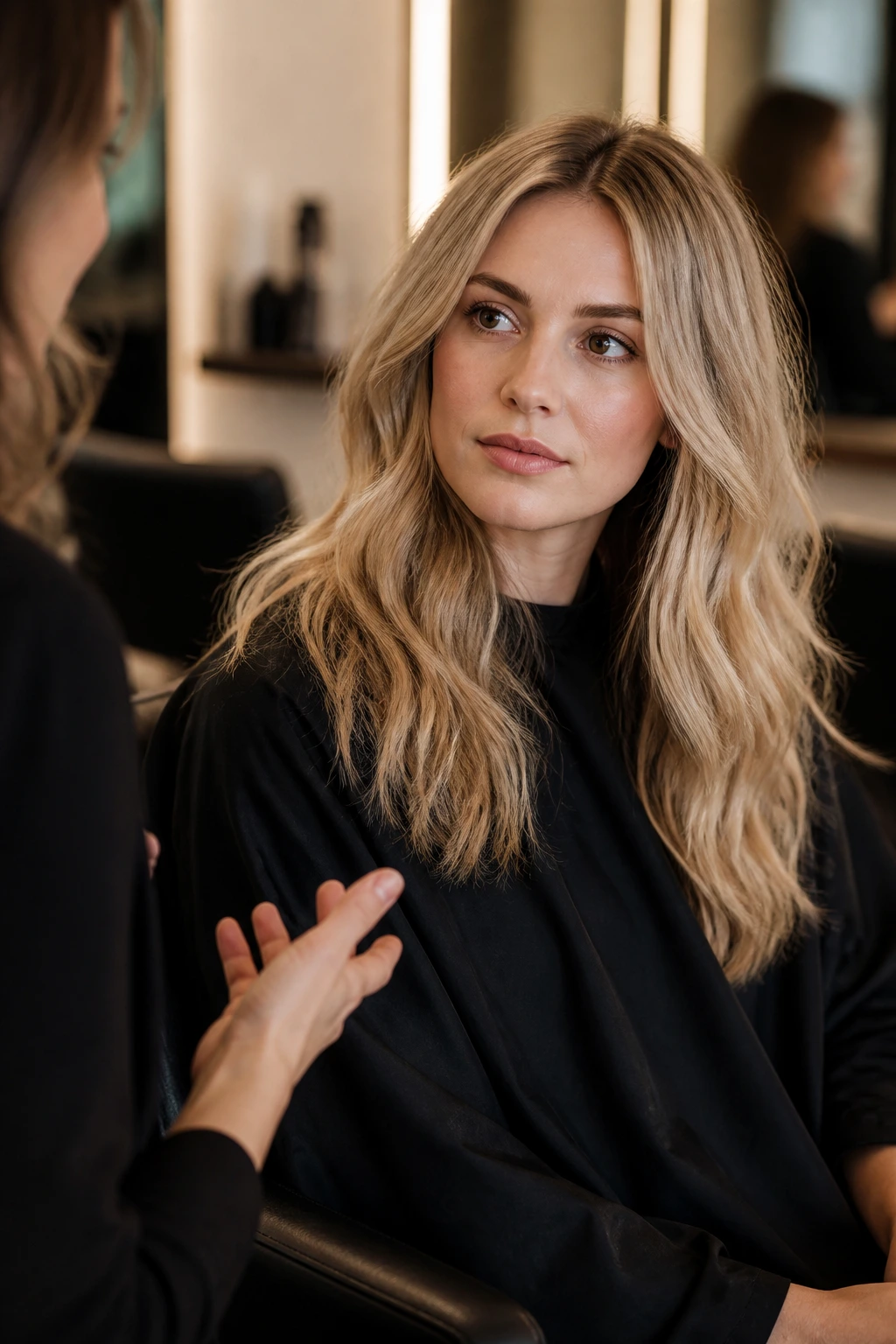 Client in a salon chair listening to stylist notes