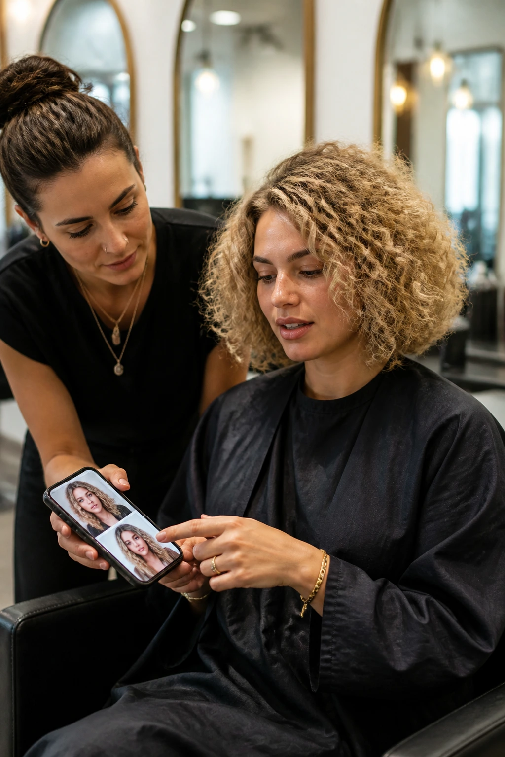 Client in salon chair with stylist discussing shape and color