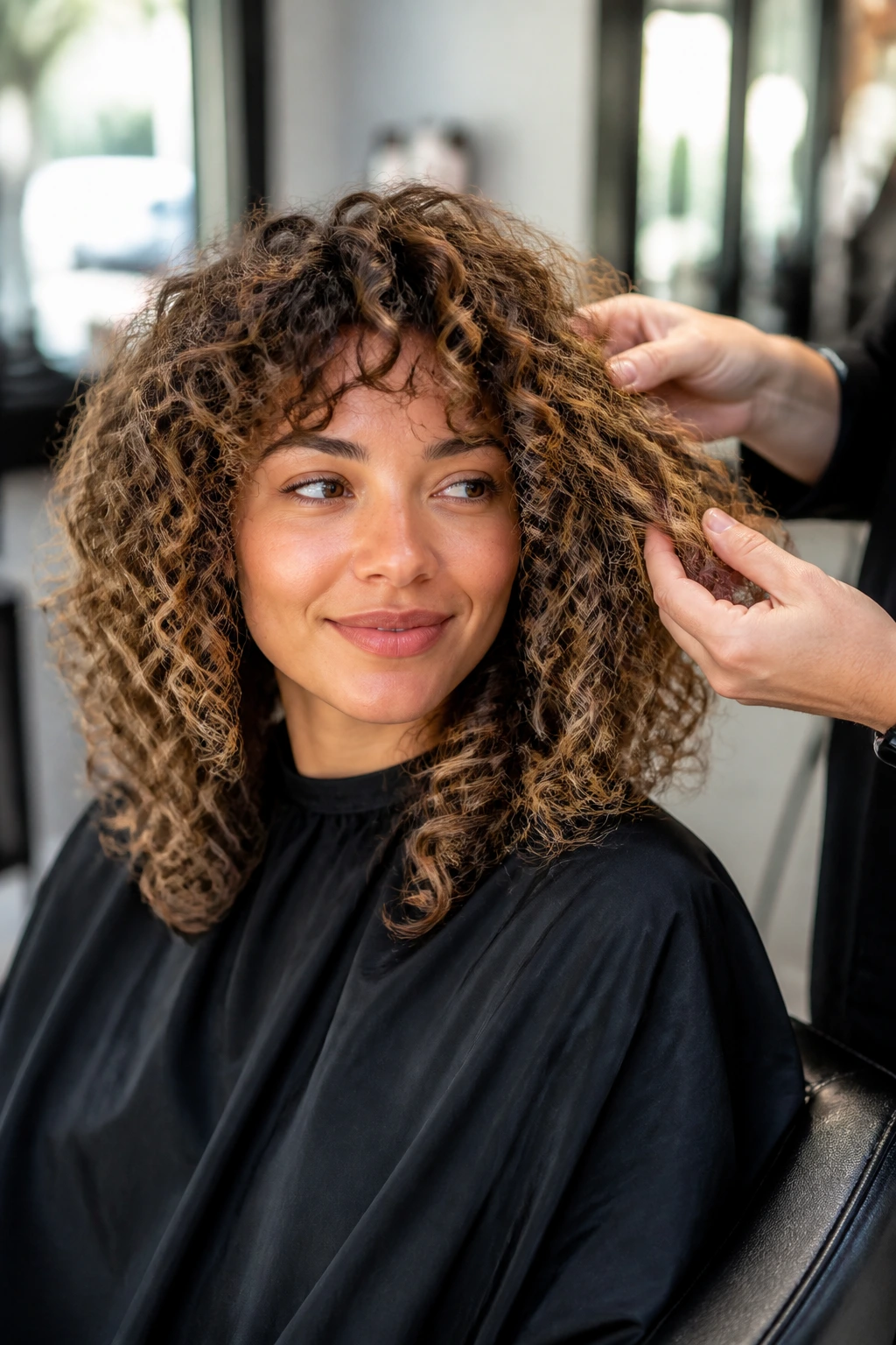 Portrait of a client with babylights in a salon, stylist discussing in a relaxed setting