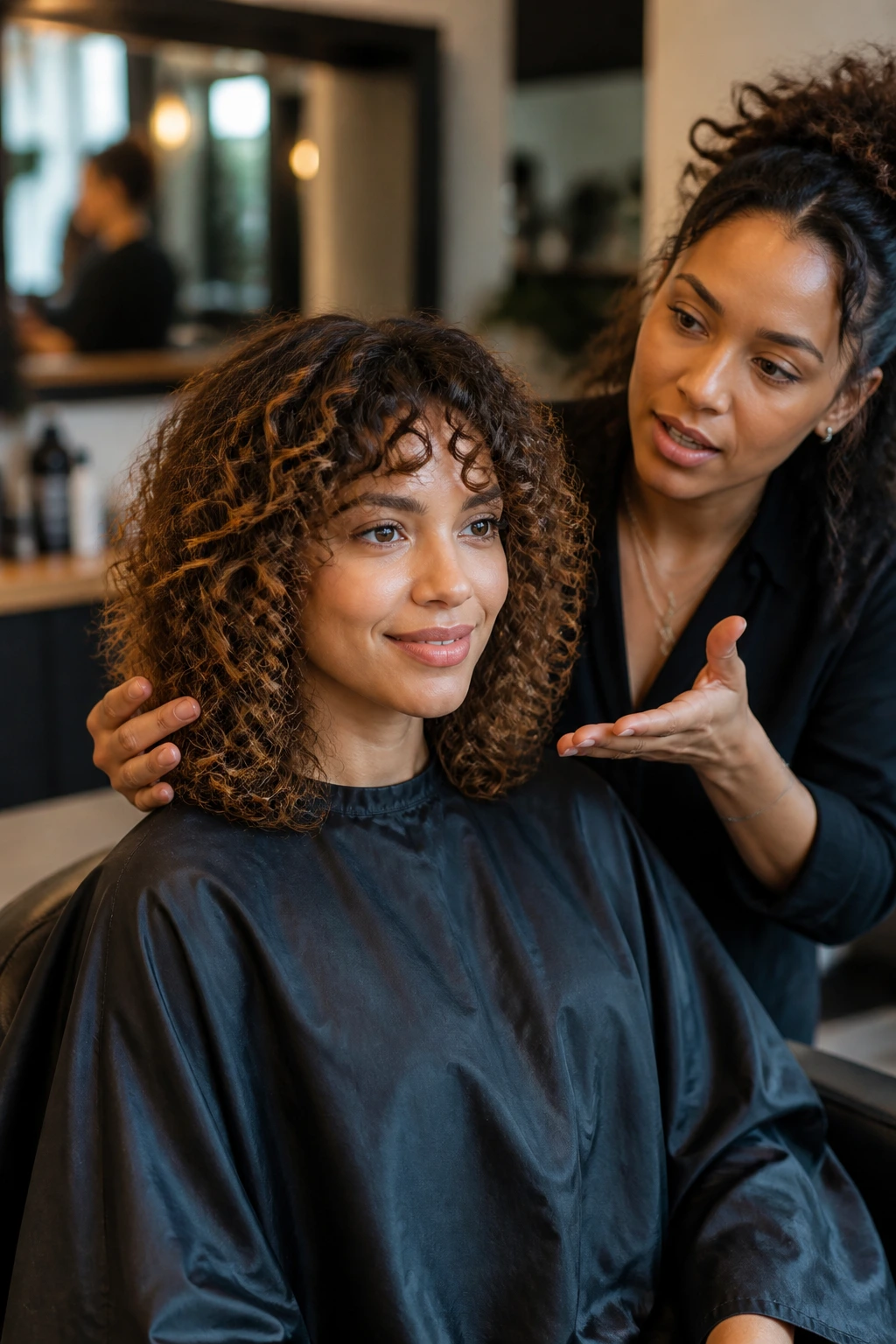 Portrait of a real client in a salon chair with a stylist discussing curls.