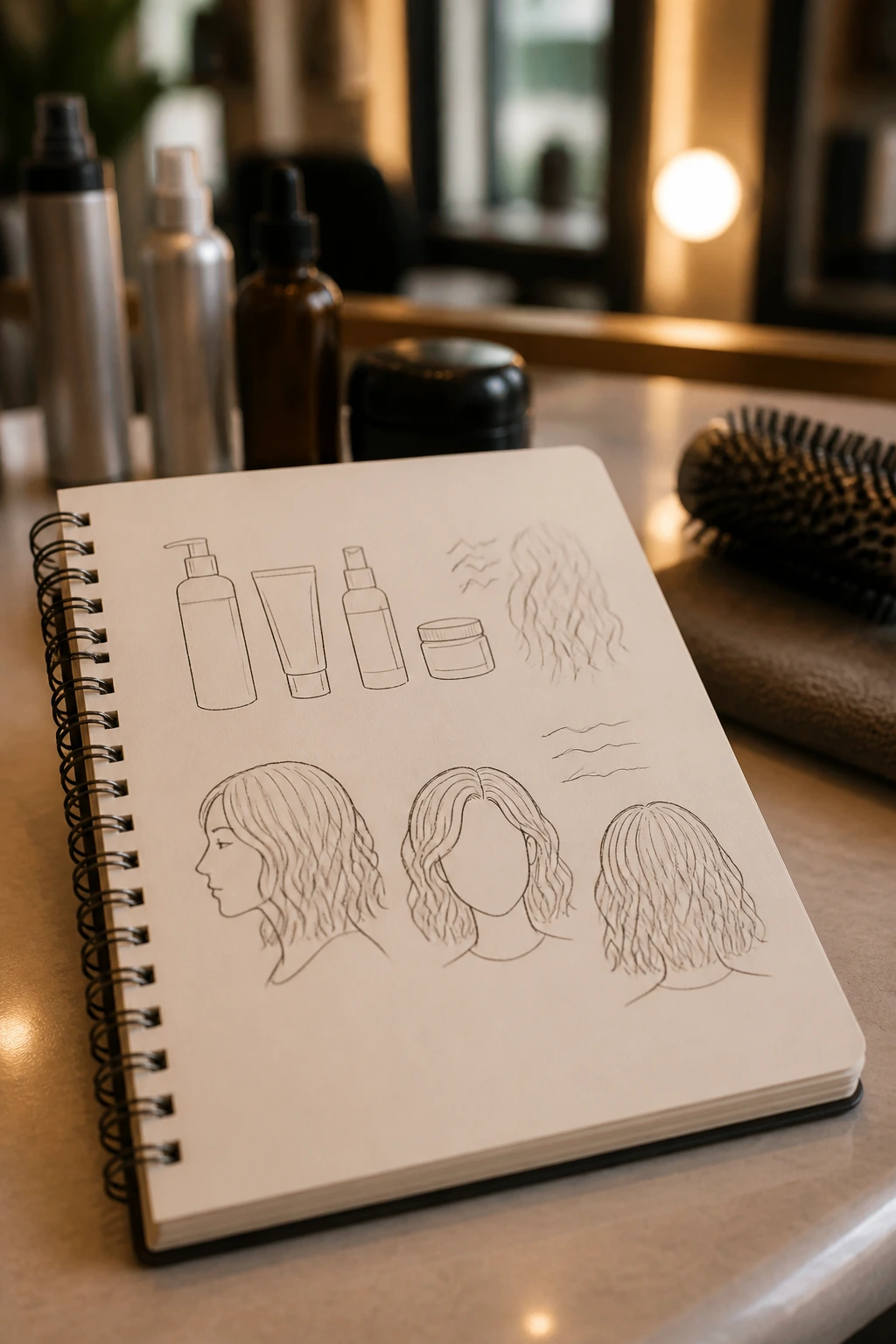 Close-up of a notebook with abstract hair-cutting sketches on a salon counter.