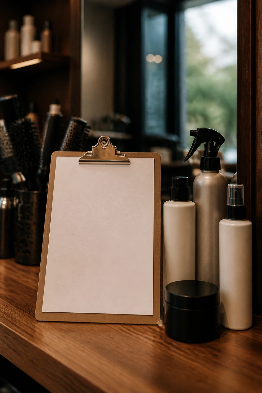 Still life of blank clipboard and unlabeled hair products on a salon counter
