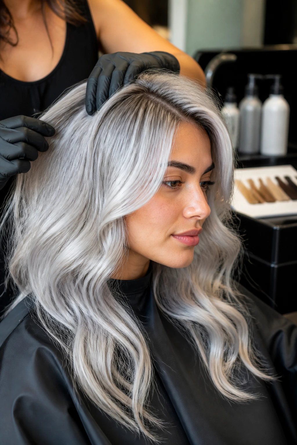 Real client with silver hair in a salon with a colorist and unlabeled product bottles nearby