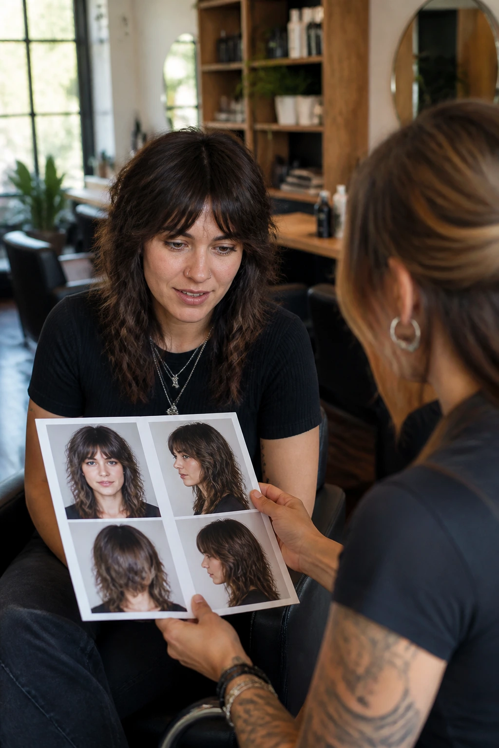 Client in salon discussing shag layout with stylist