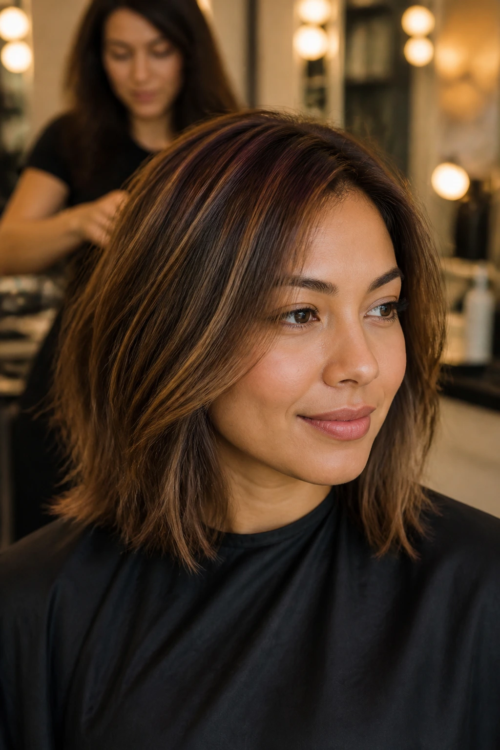 Portrait of a person in a salon chair with brown highlights, ready for appointment.