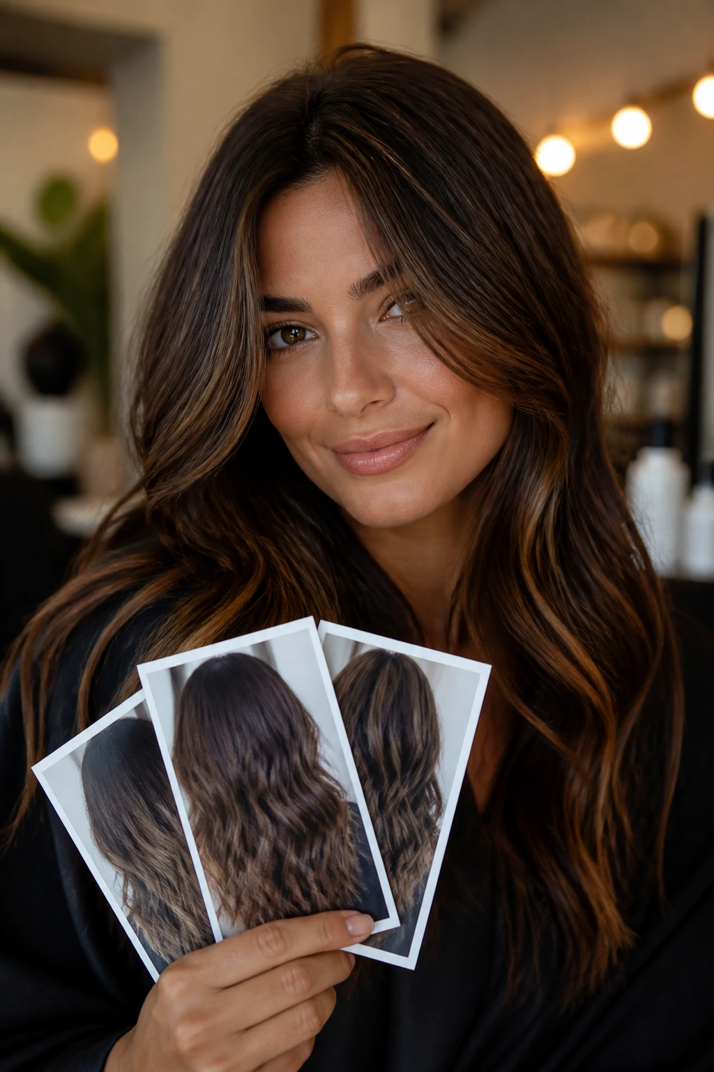 Close-up of a real person holding hair-tone reference photos in a softly lit room