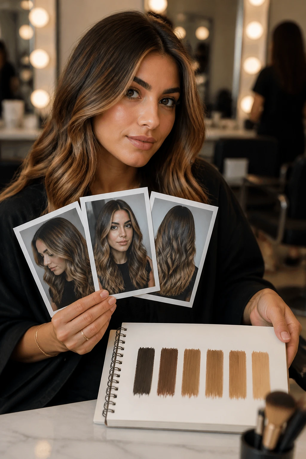 Person presenting three photos and a notebook with color swatches at a vanity