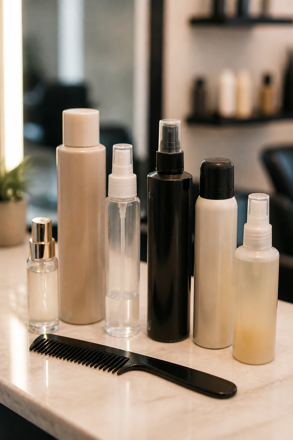 Neutral styling products and comb on a salon counter