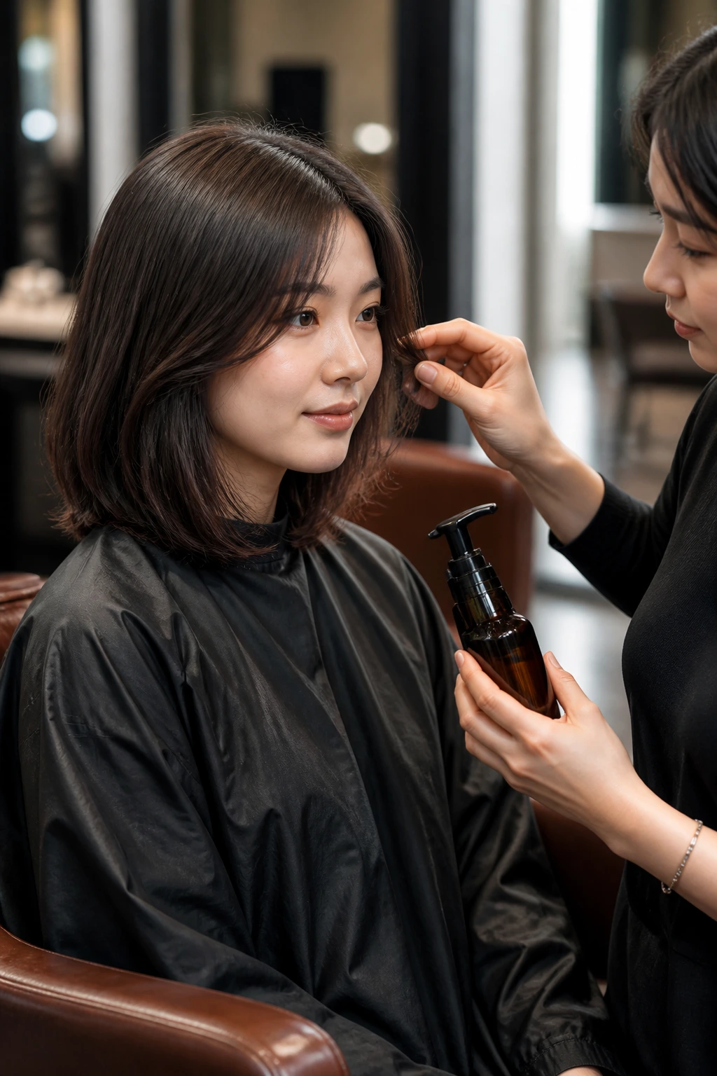 Real client in a salon discussing lob prep and products with a stylist