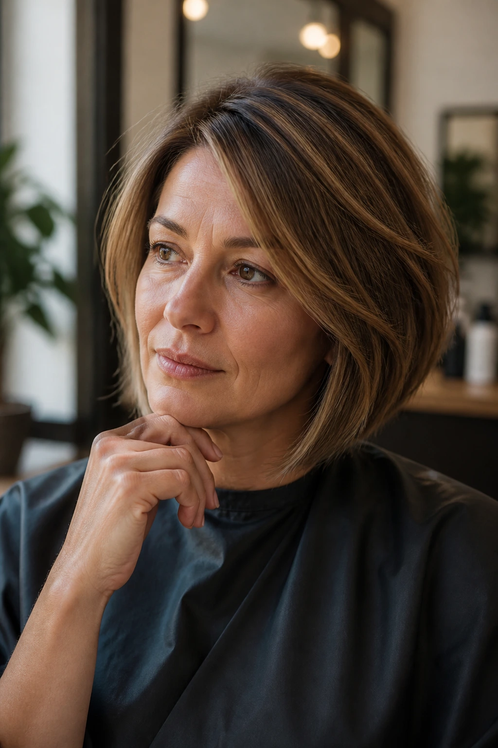 Portrait of a woman in a salon chair contemplating hair-cut questions