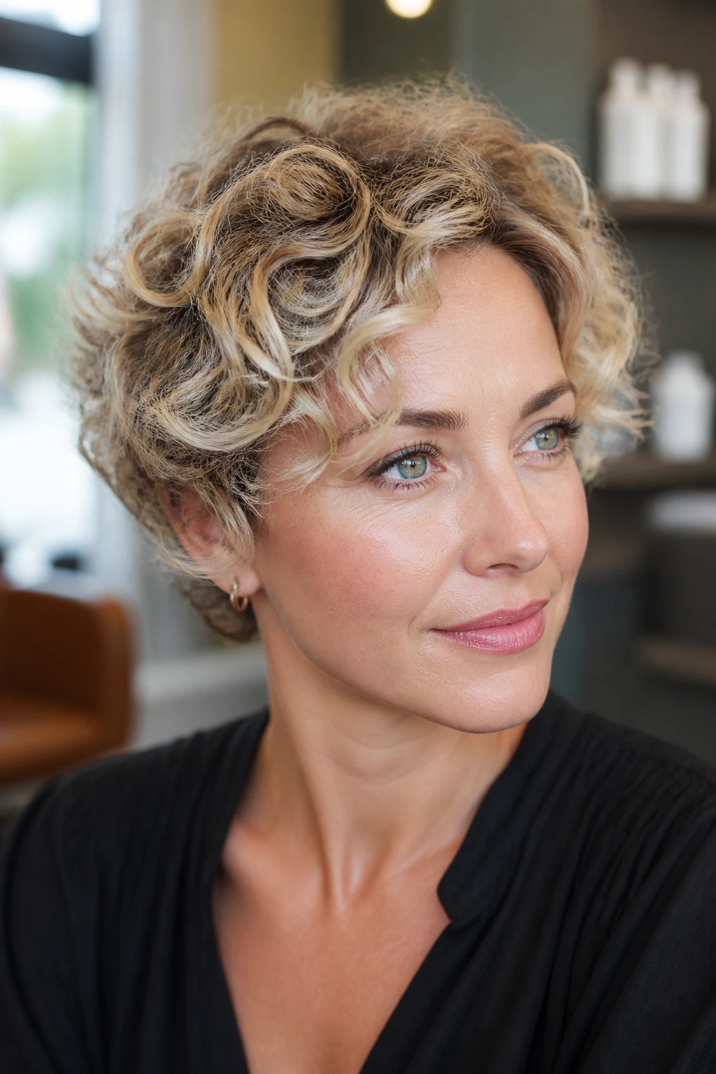 Close-up salon portrait of a real woman with short curly blonde hair in a consultation setting