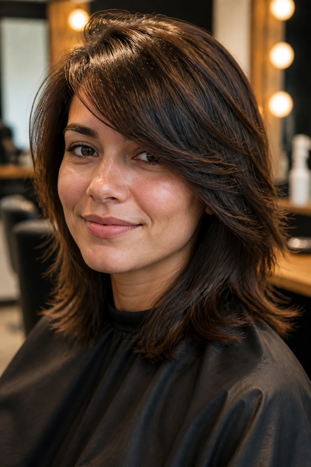 Portrait in salon chair with layered cut and side-swept bangs.