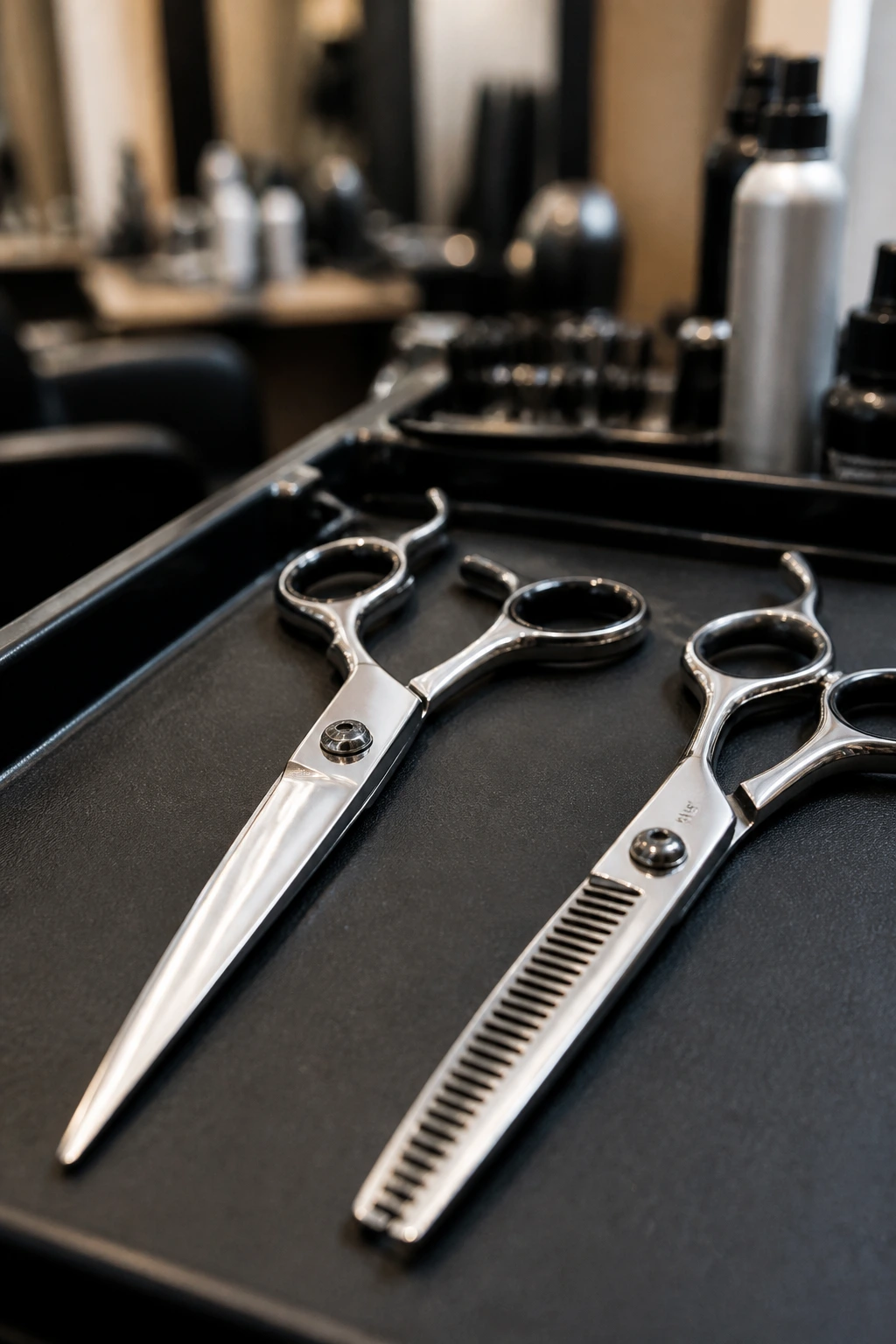 Close-up of salon scissors and texturizing shears with blurred salon background