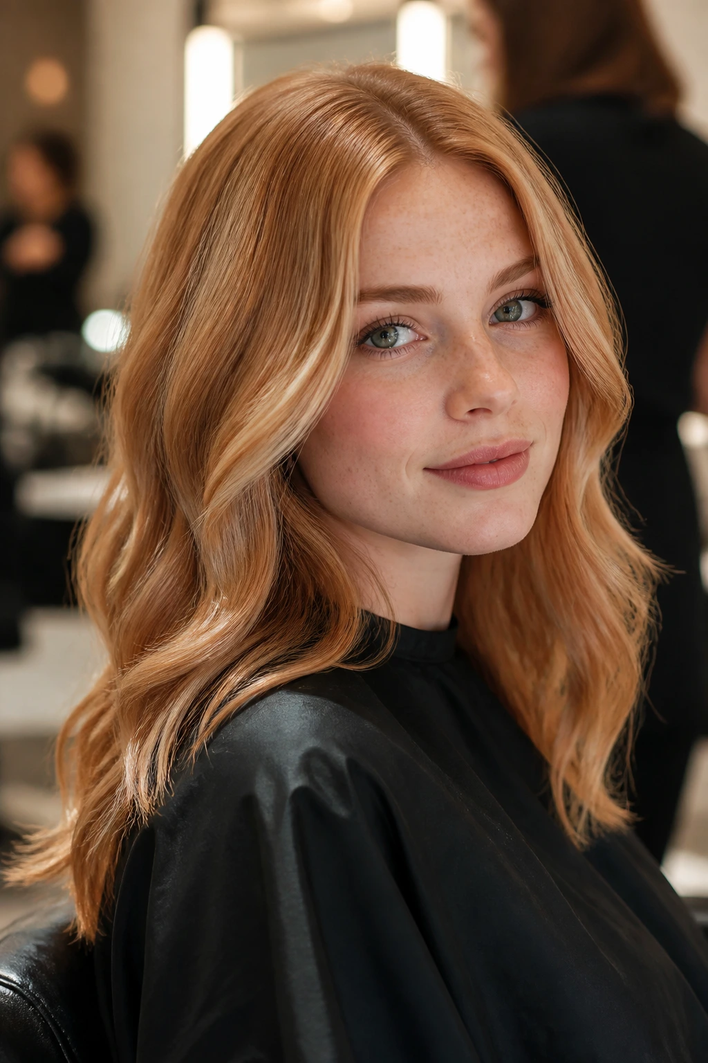 Portrait of a woman in a salon chair with well-matched strawberry blonde shade.