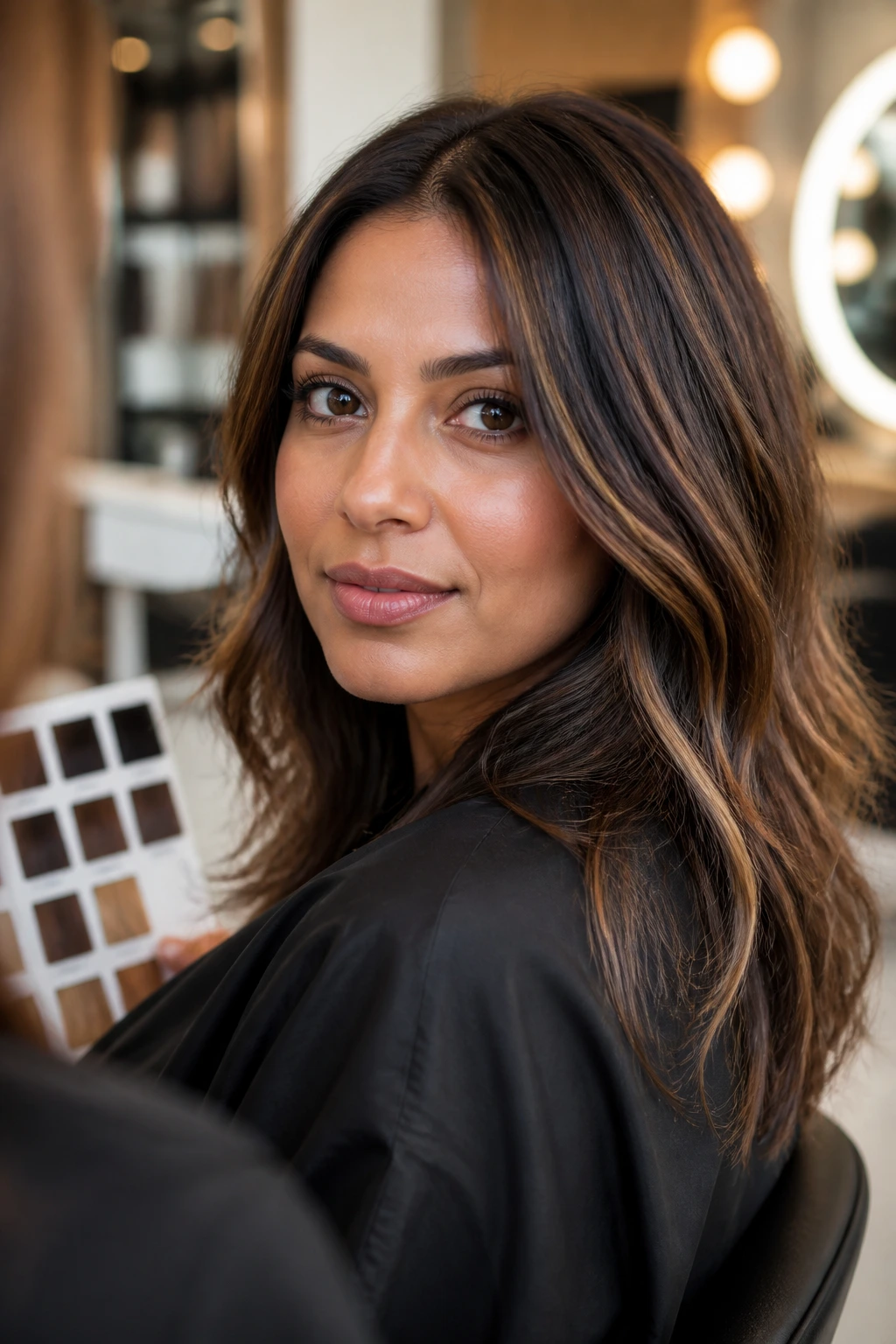 Real client in a salon chair discussing shade with hair showing brown streaks.