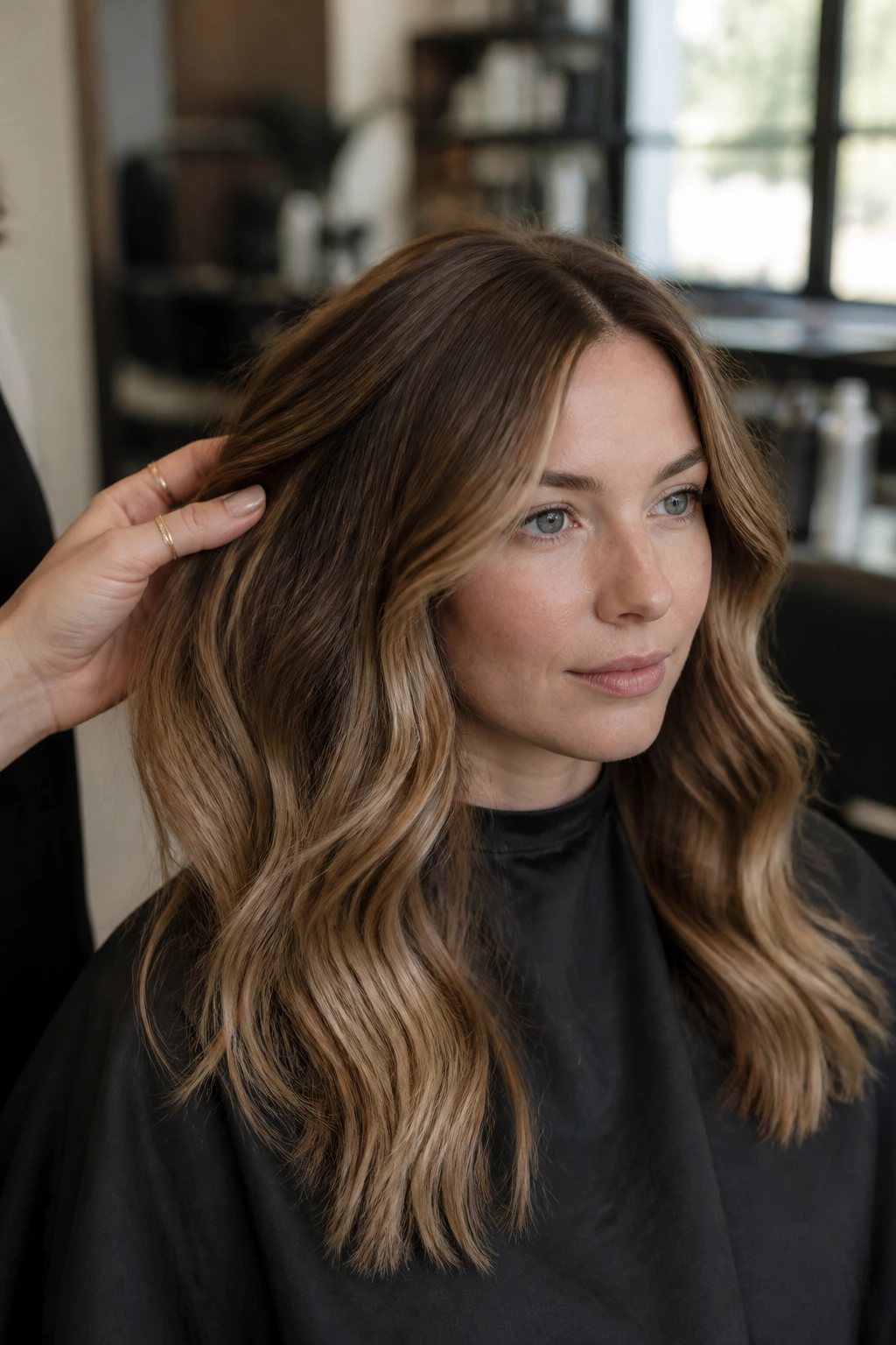 Portrait of a person in a salon chair with hair treated in a bright salon setting.