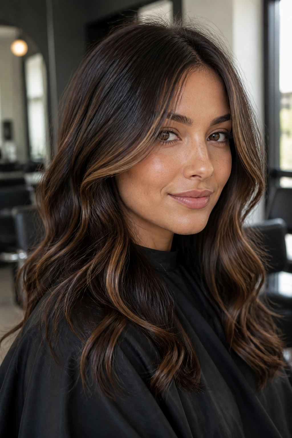 Close-up of real woman in salon chair showing toned front pieces