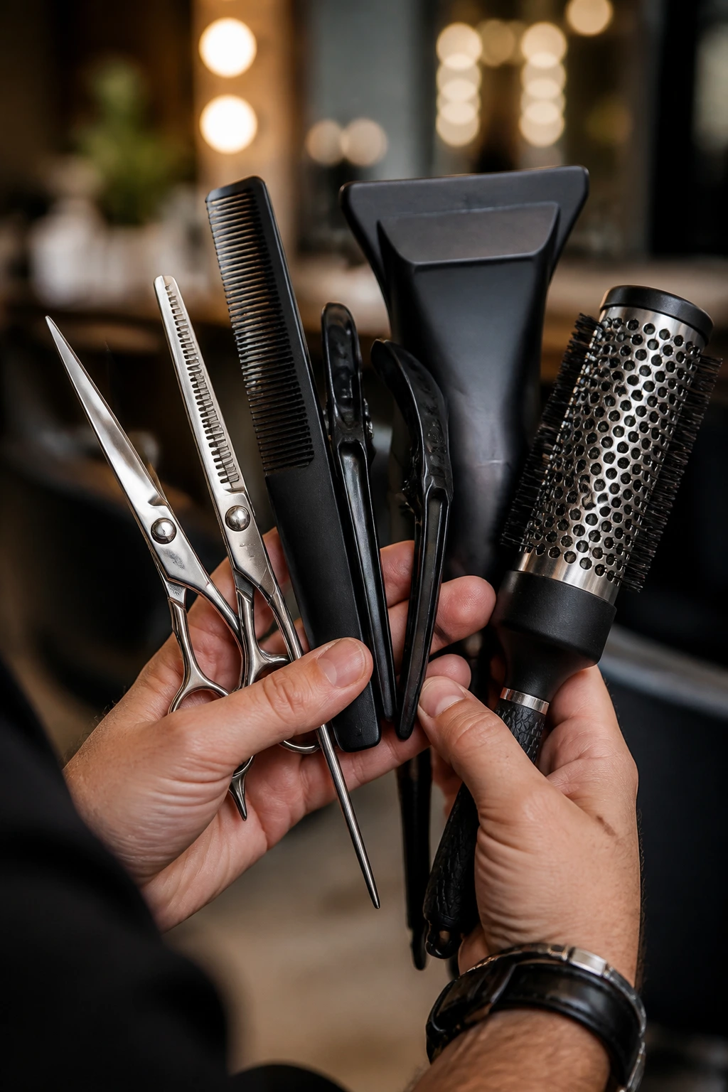 Close-up hands with hair tools in a salon setup