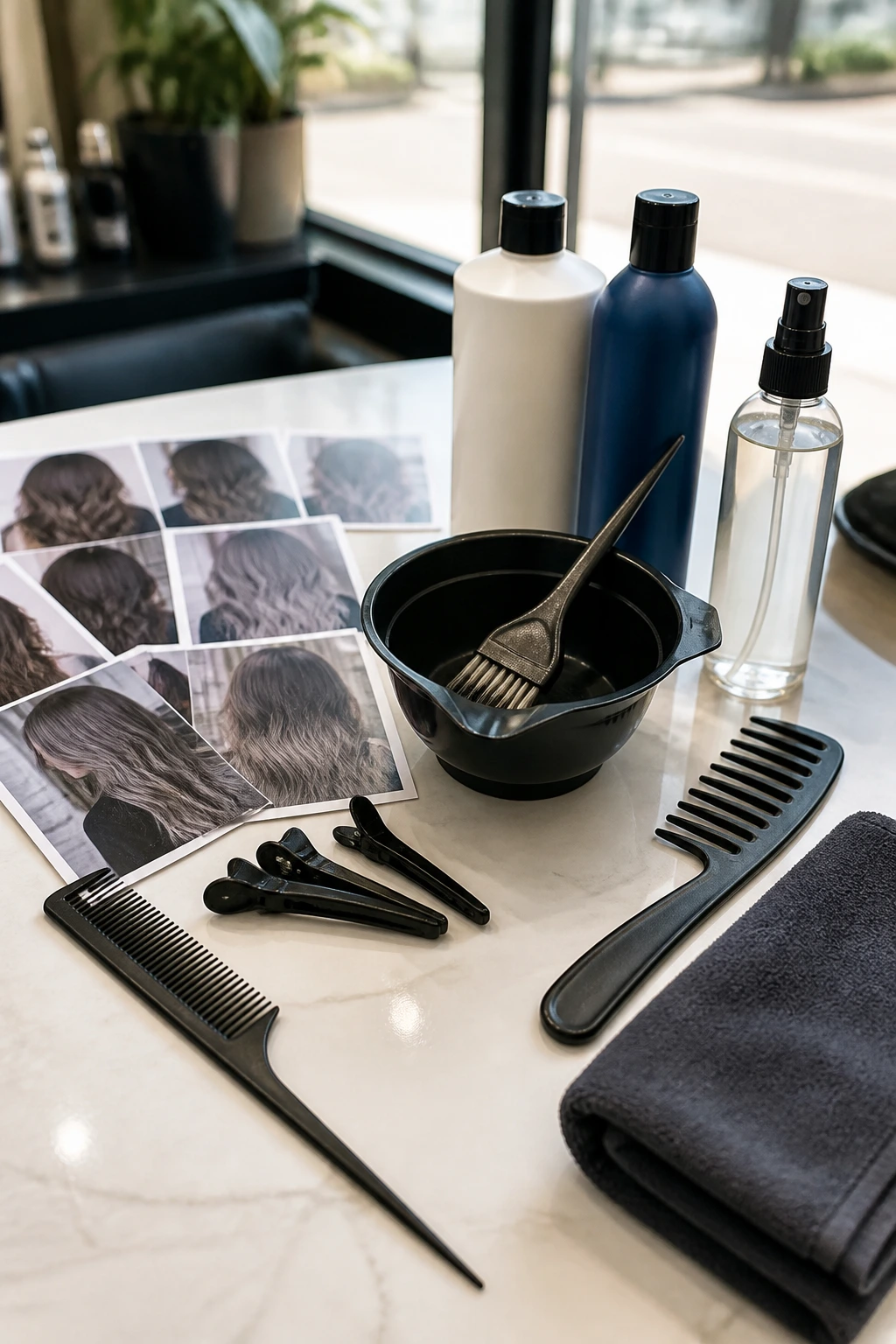 Flat-lay of essential salon tools on a bright counter for consultations