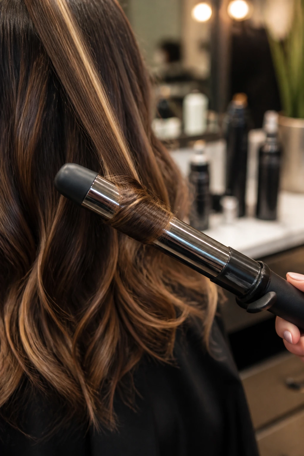 Close-up of a premium curling iron on a salon counter with a hair strand on the barrel.
