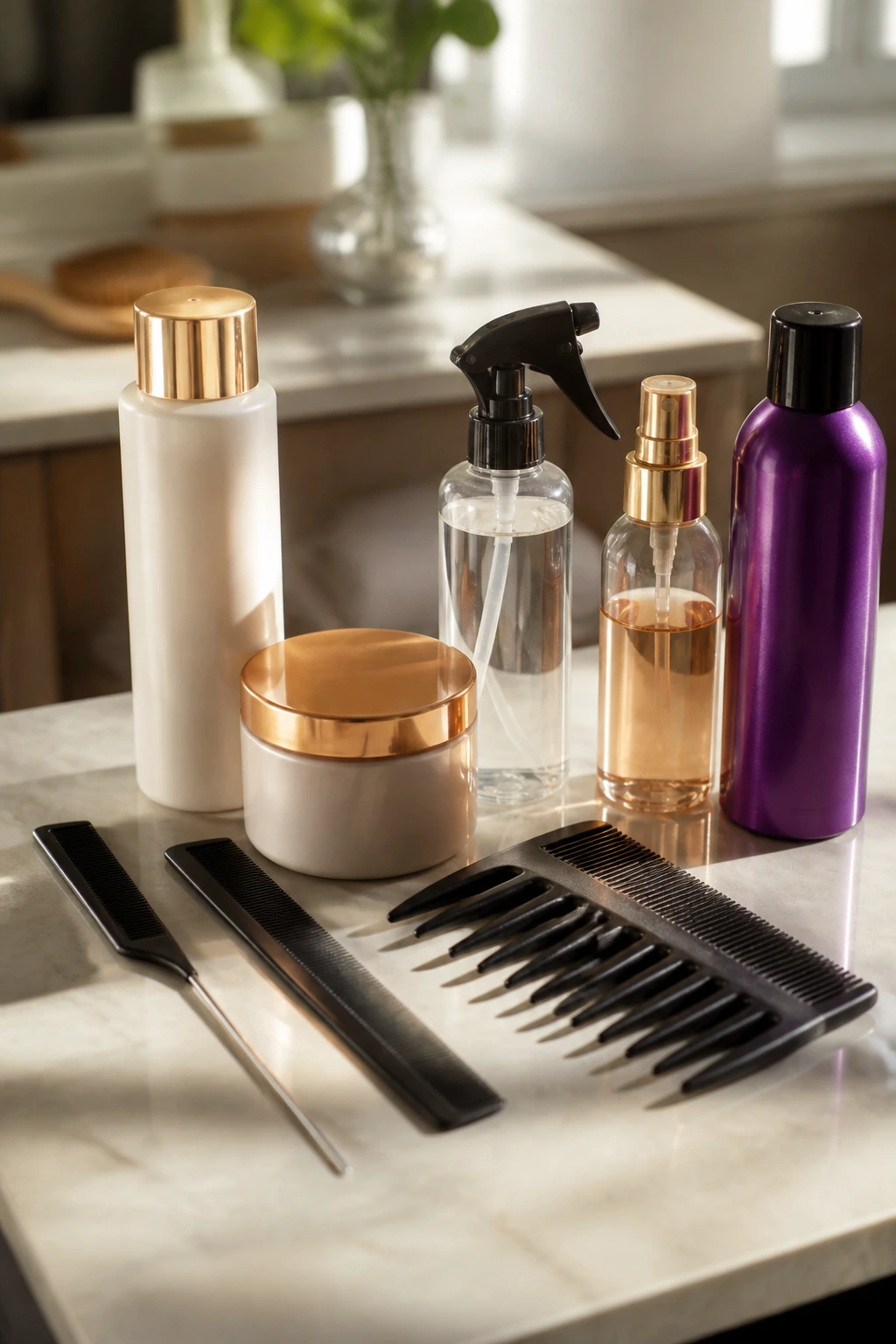 Close-up of unlabeled hair tools for salon and home color inspiration