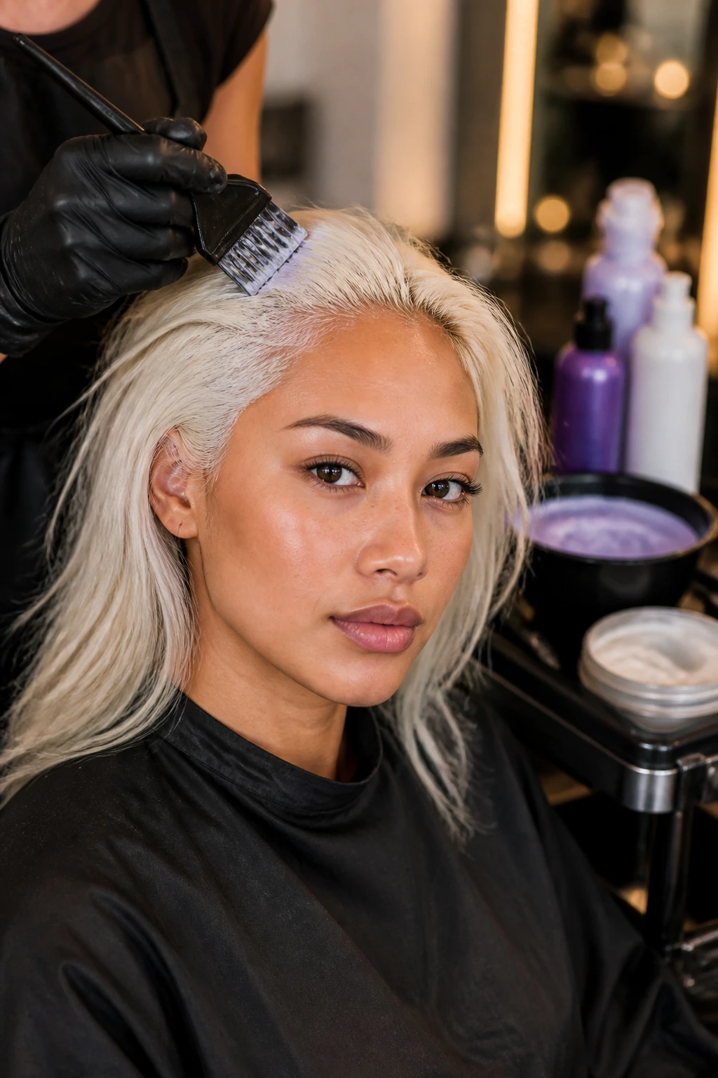 Hair stylist applying gloss to platinum hair on a real person