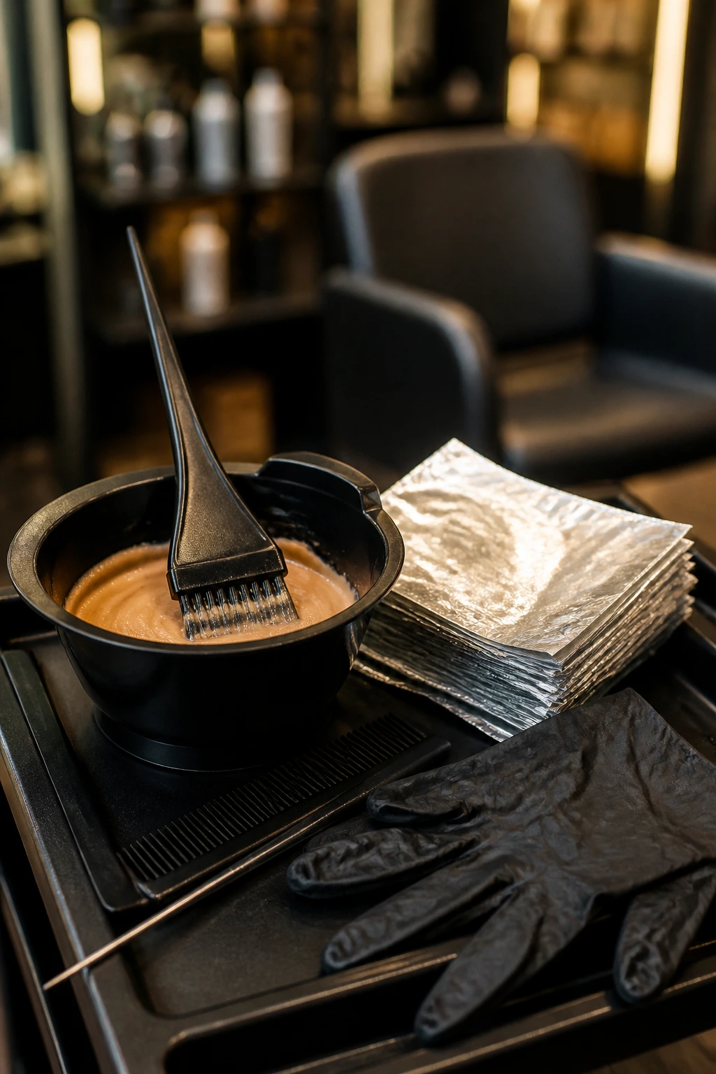 Macro shot of essential salon tools neatly arranged at a station.