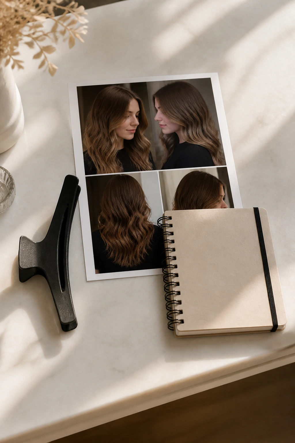 Flat lay of daylight photo, notebook, and metal-free clip for hair color prep