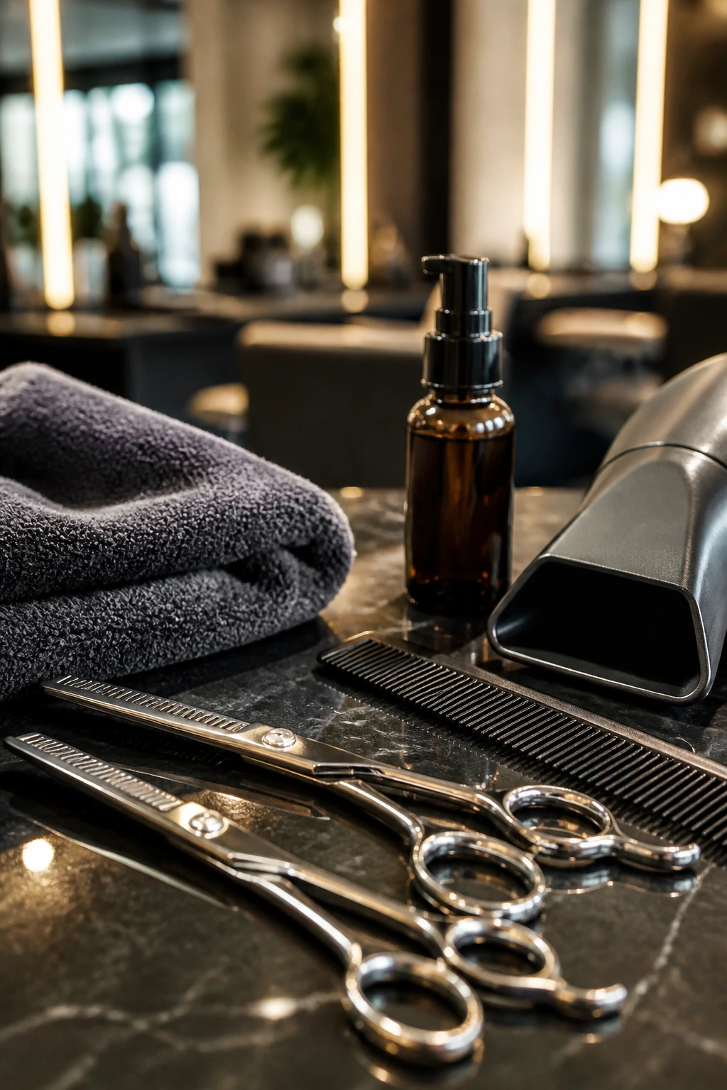 Close-up of professional hairdressing tools and products on a salon counter.