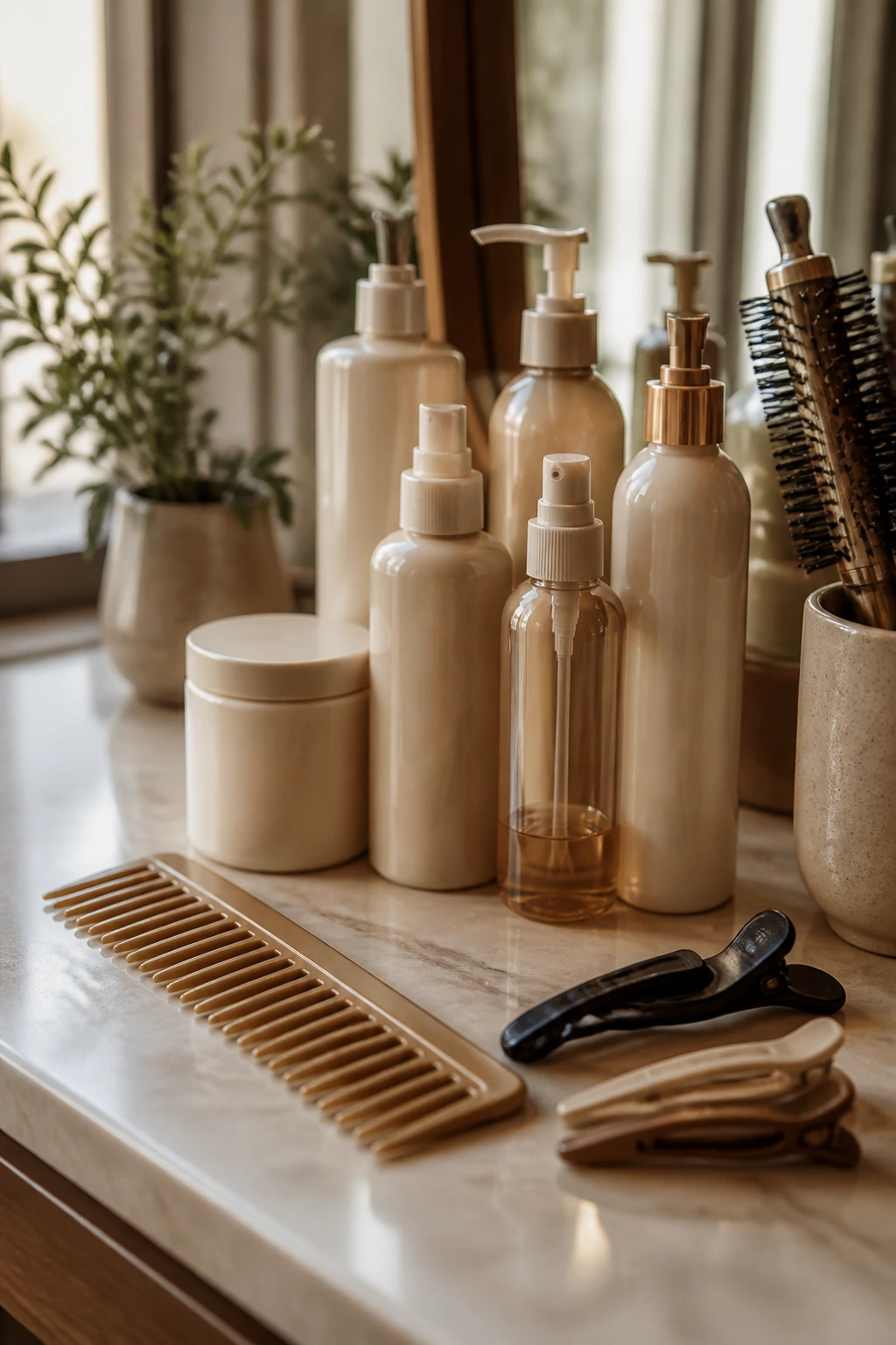 Close-up of unlabeled hair care bottles and essential salon tools on a warm vanity
