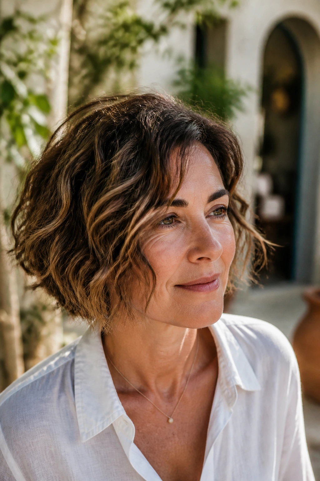 Real woman with textured Salt-Air Bob in natural light