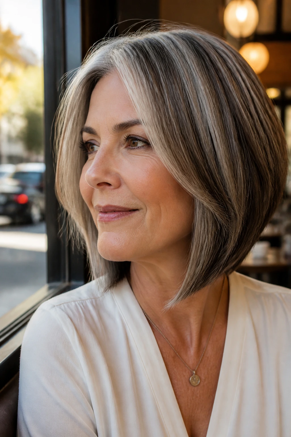 Close-up portrait of a real woman with salt-and-pepper angled bob in outdoor cafe light