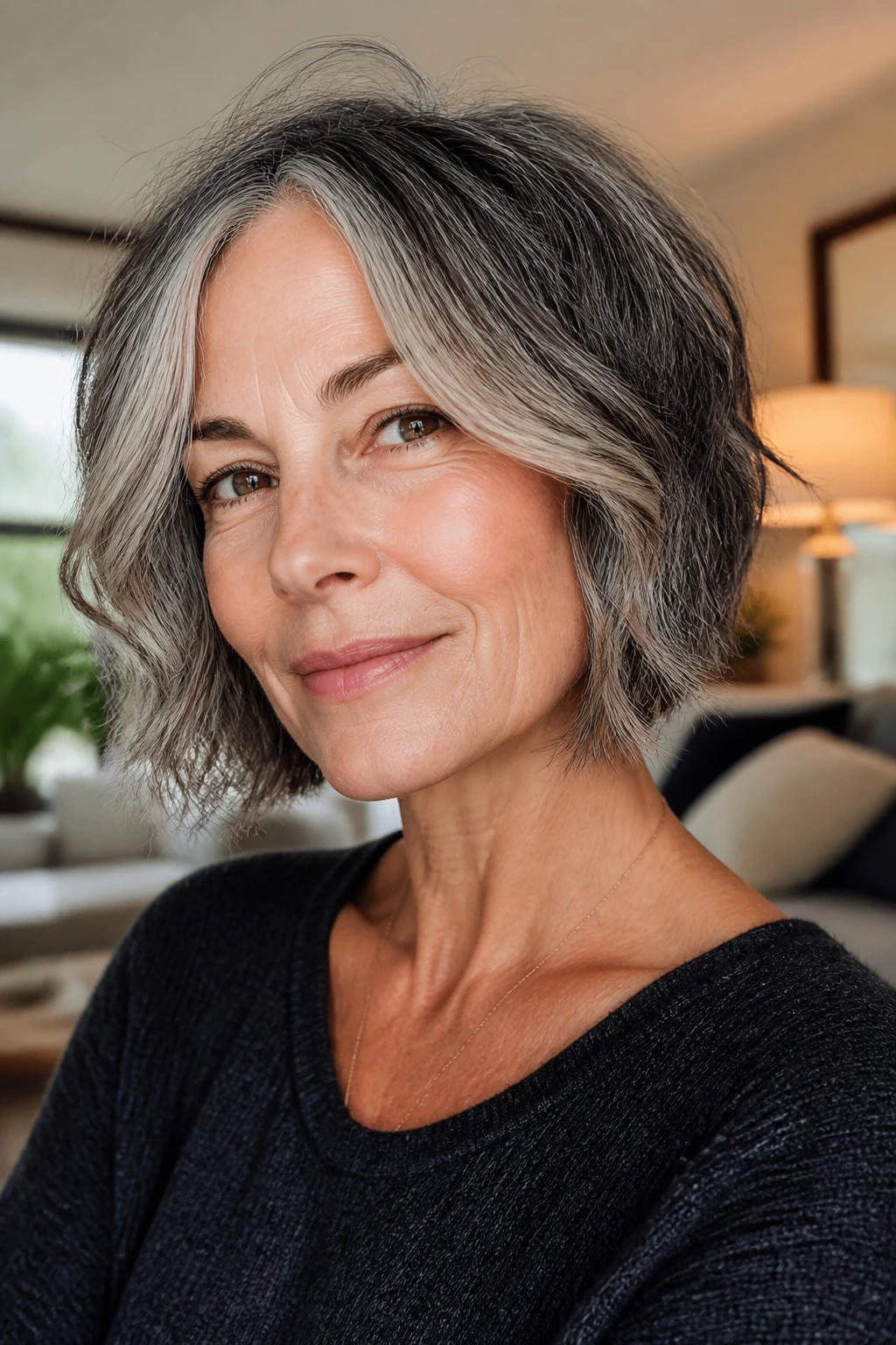 Close-up of a woman with a salt-and-pepper bob and lightened front frame