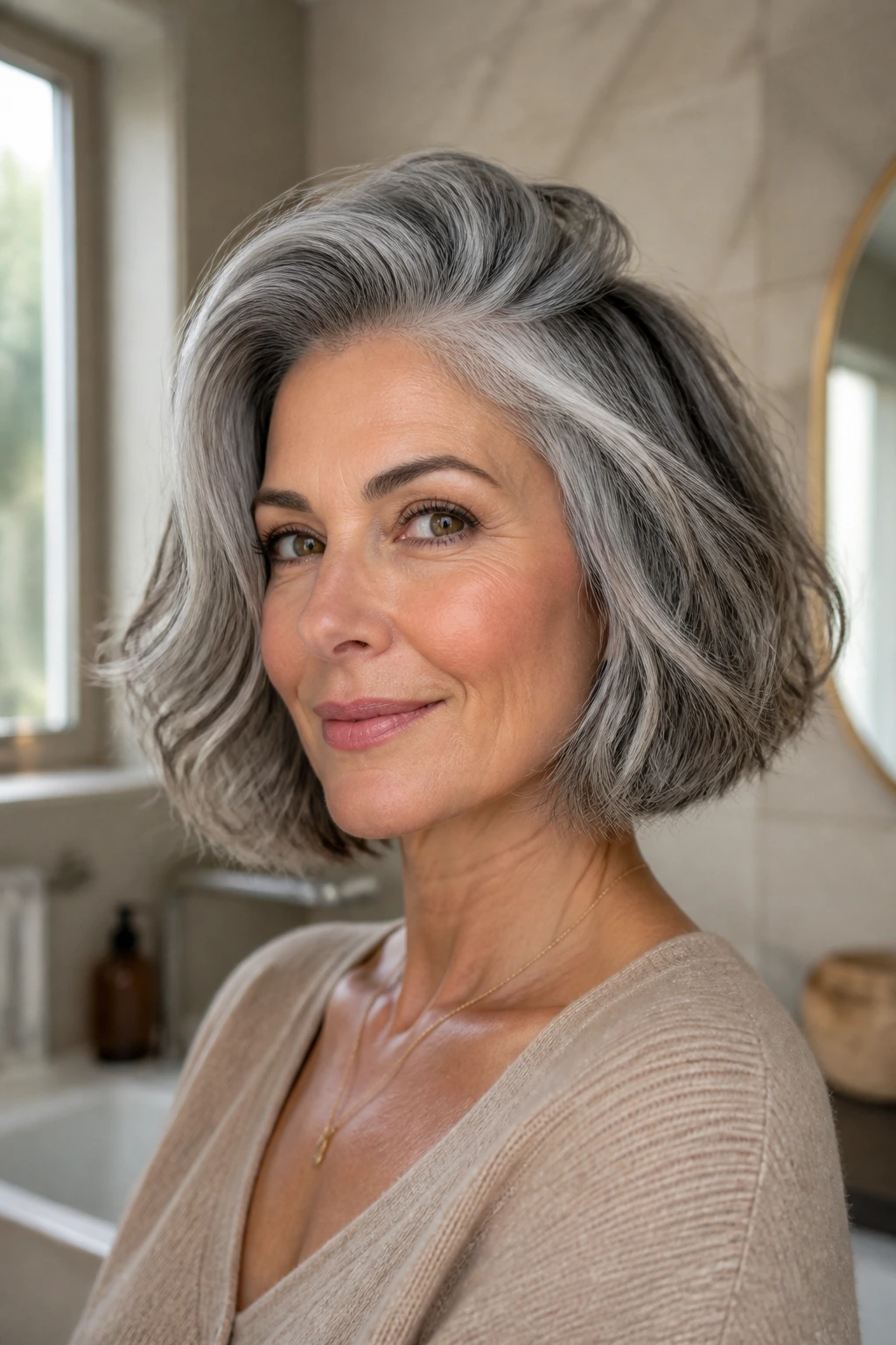 Close-up of a woman with a salt-and-pepper bob and lifted roots