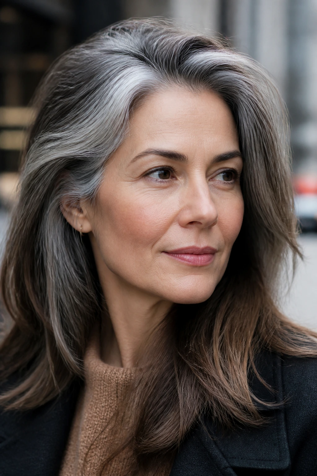 Close-up of a real woman showing salt-and-pepper hair with intentional brown placement