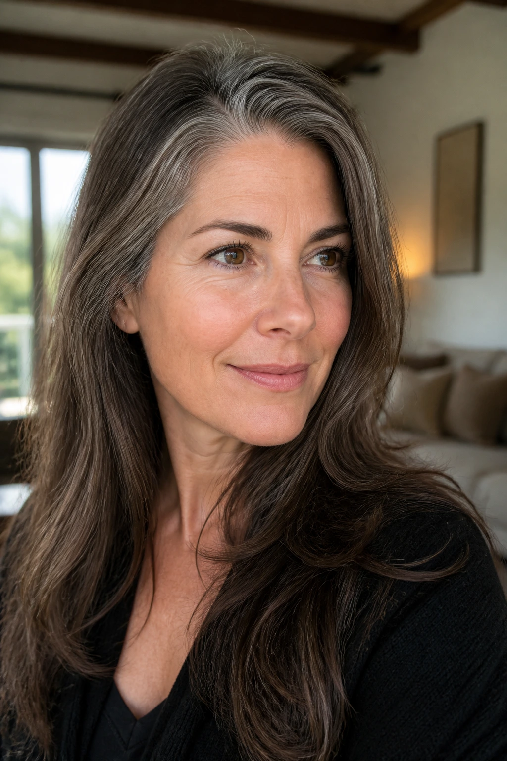 Real woman with salt-and-pepper brunette blend and silver highlights