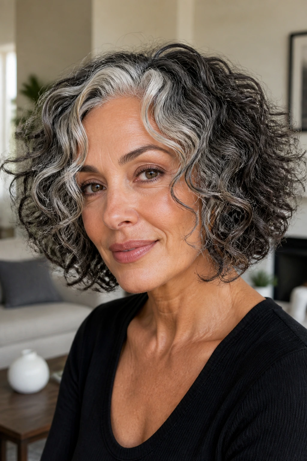 Real person with salt-and-pepper curls and silver money piece