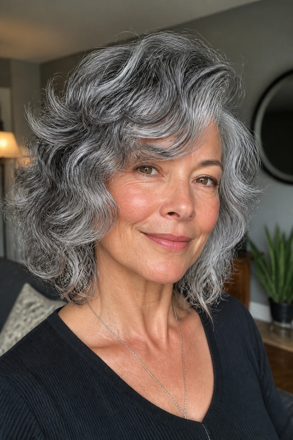 Real person with silver-gray curls and side-swept bangs.