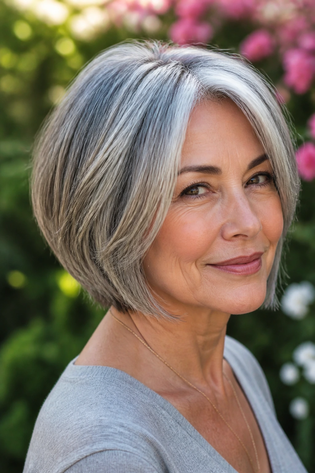Close-up of a real woman with a salt-and-pepper dimensional bob in diffused sunlight.