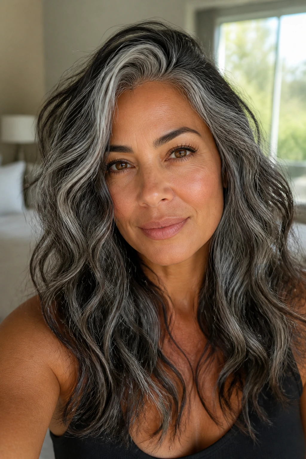 Close-up portrait of a real woman with salt-and-pepper hair and beachy waves