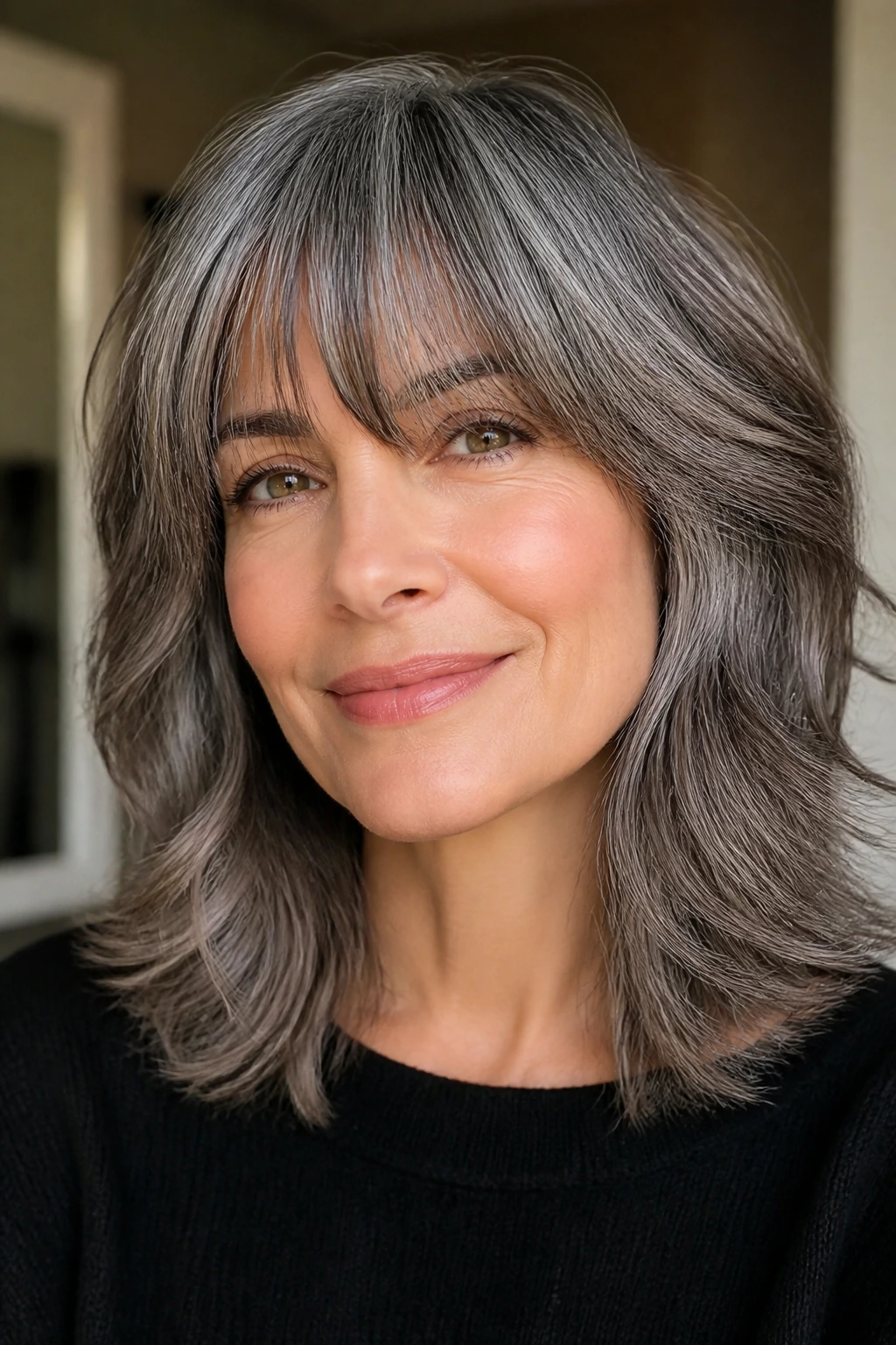 Close-up of salt-and-pepper hair with rounded layers and soft fringe