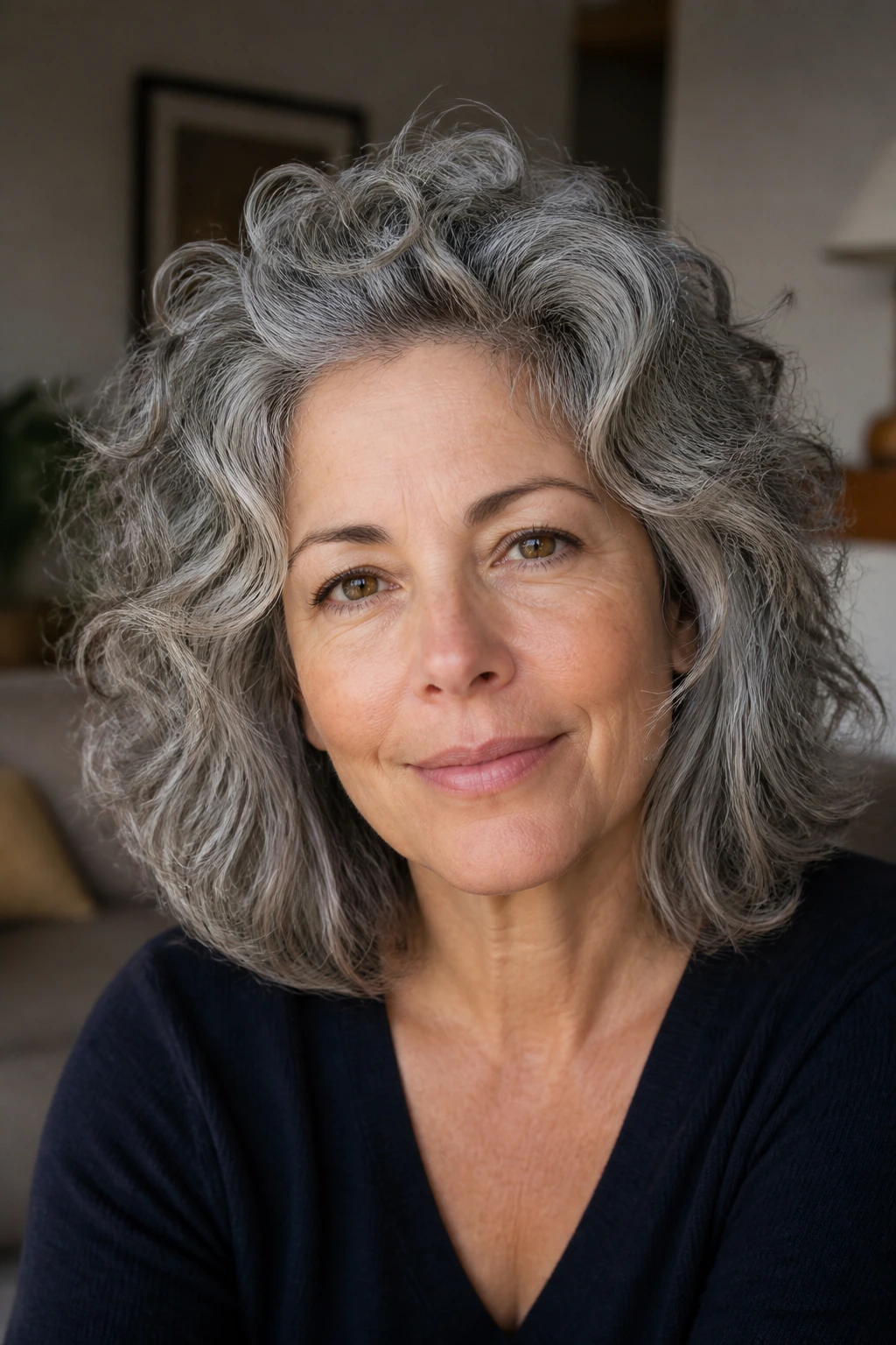 Portrait of a woman with salt-and-pepper hair showing curl and straight texture.