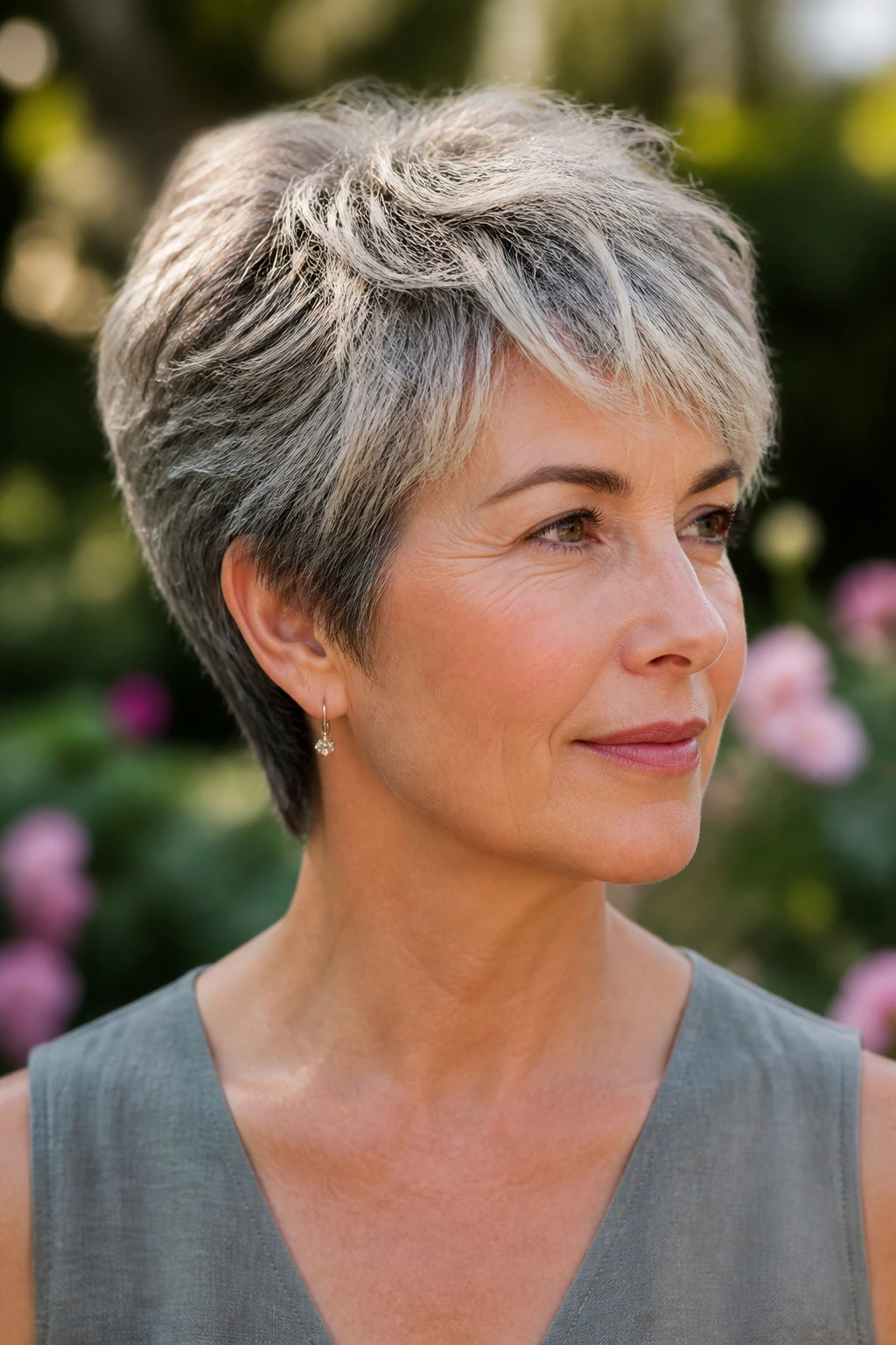 Real woman with salt-and-pepper halo pixie in natural outdoor light