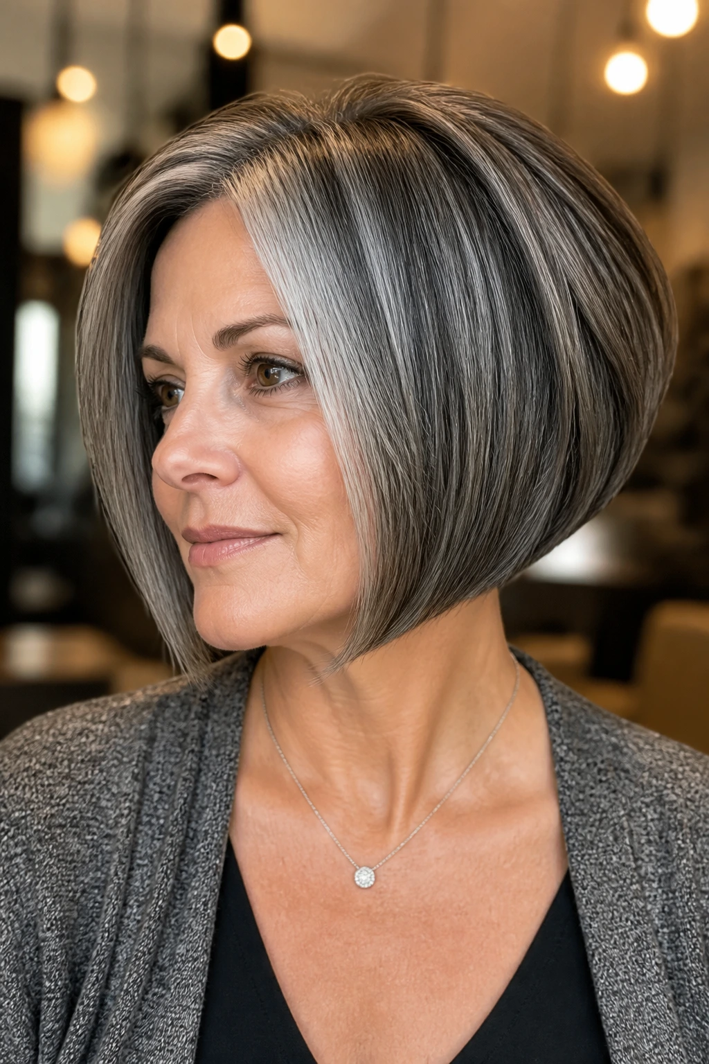 Close-up of a real woman with salt-and-pepper inverted bob in a warm setting