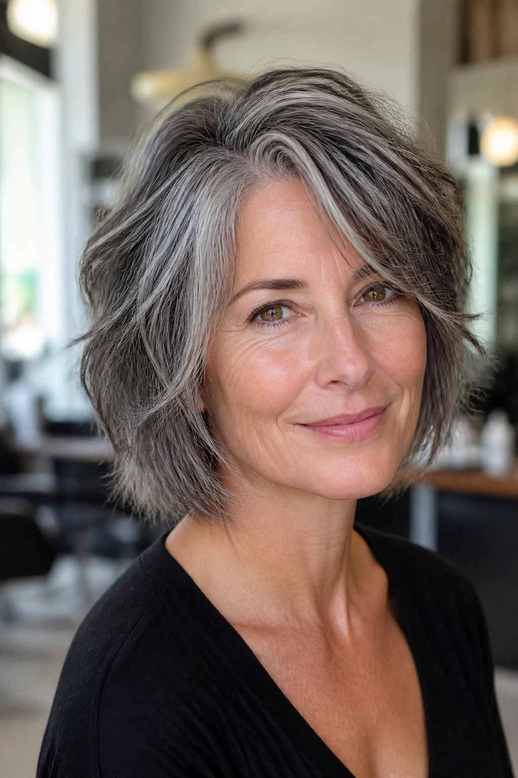 Close-up portrait of a real woman with a salt-and-pepper layered bob showing dimensional layers.