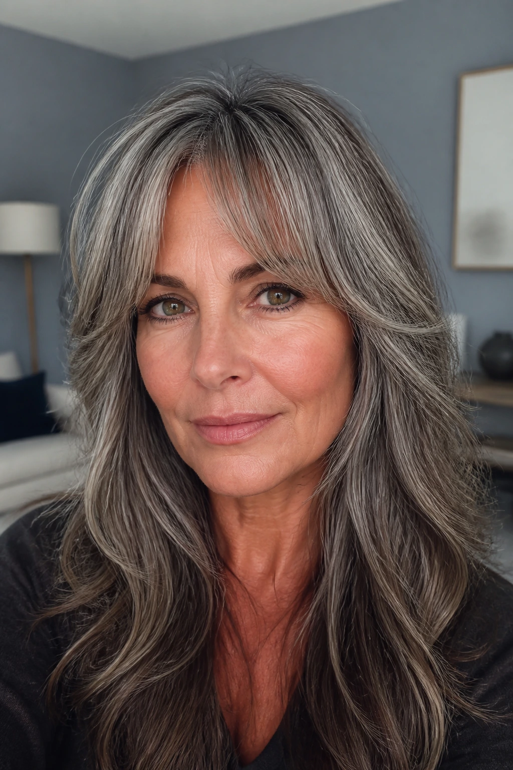 Portrait of a real woman with salt-and-pepper hair and smoke lowlights