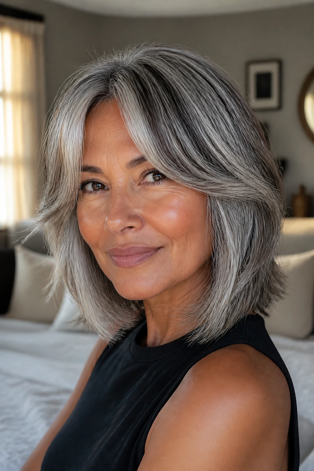 Close-up of a real woman with salt-and-pepper lob on tan skin, curtain bangs