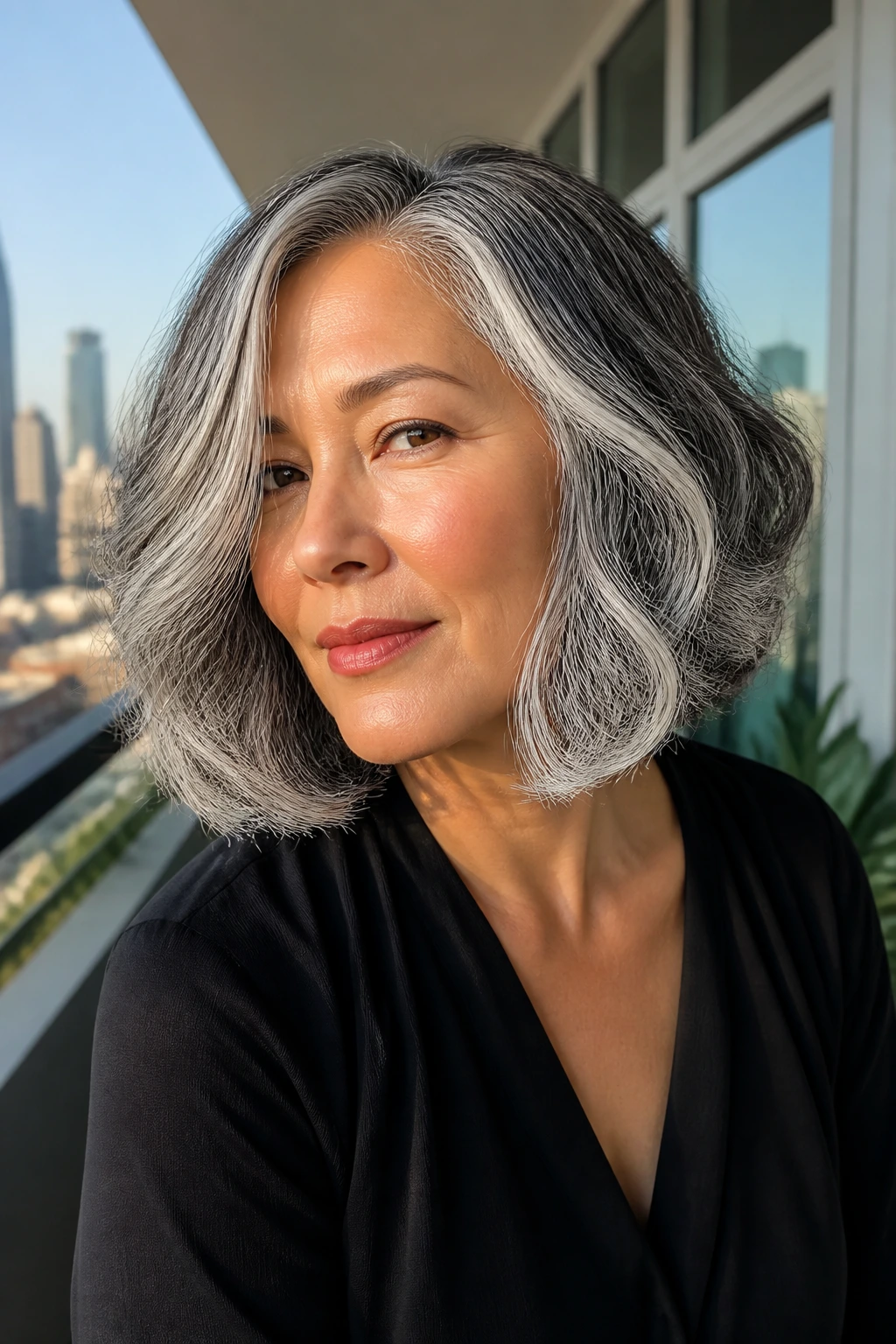 Salt-and-pepper sculpted lob with bright edges on a real woman.