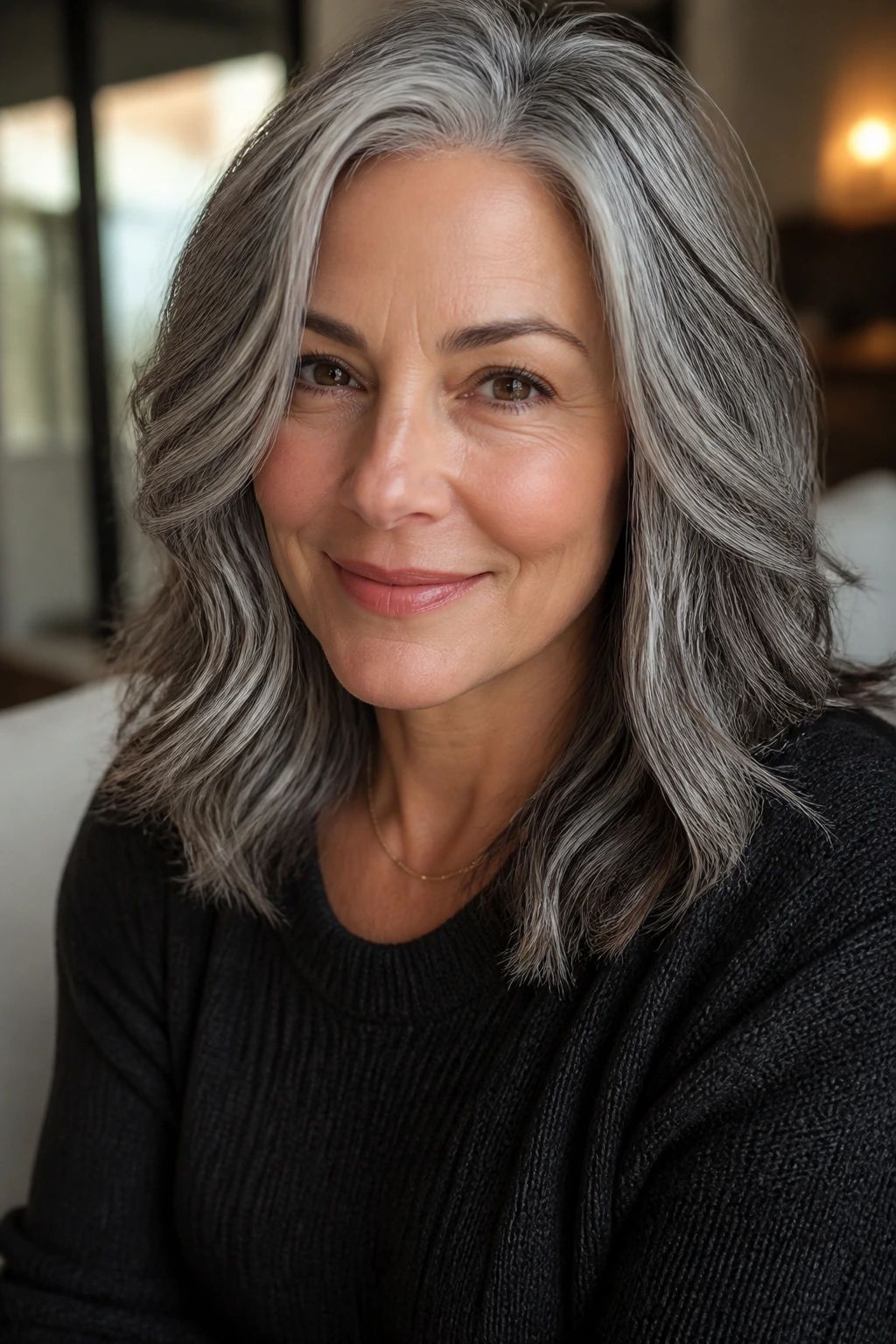 Close-up of real woman wearing salt-and-pepper monofilament wig with soft movement