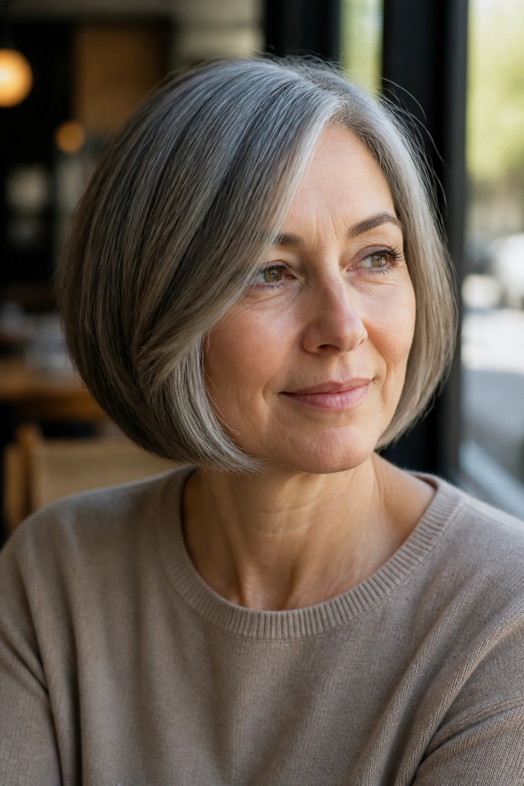 Close-up of a real woman in a salt-and-pepper pageboy.